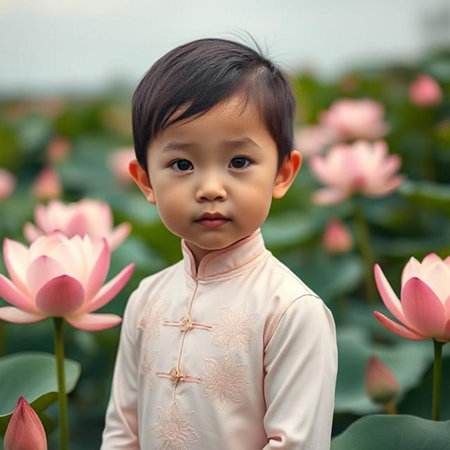 Little asian girl in lotus flower garden, Thailand.の素材