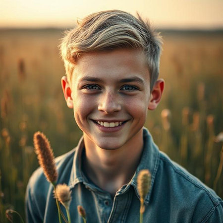 Portrait of a young boy in a wheat field at sunset.の素材