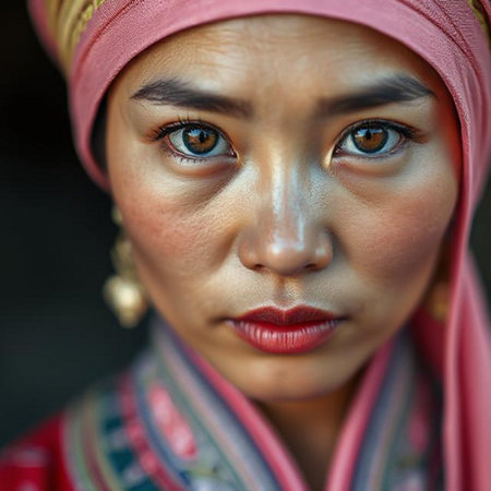 Portrait of a beautiful Asian woman in traditional clothes, close-upの素材