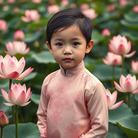 Cute asian baby girl in a lotus flower garden.の素材