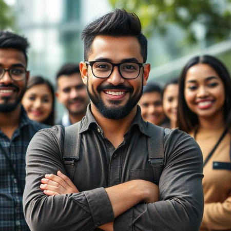 Portrait of a smiling Indian college student standing with his arms crossedの素材