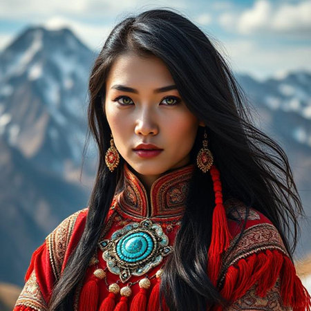 Beautiful asian woman in Indian costume on the background of mountainsの素材