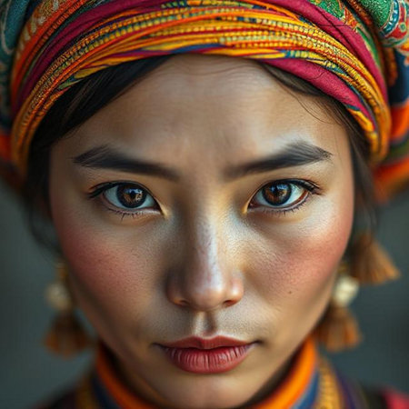 Portrait of a beautiful Asian woman with colorful headscarfの素材