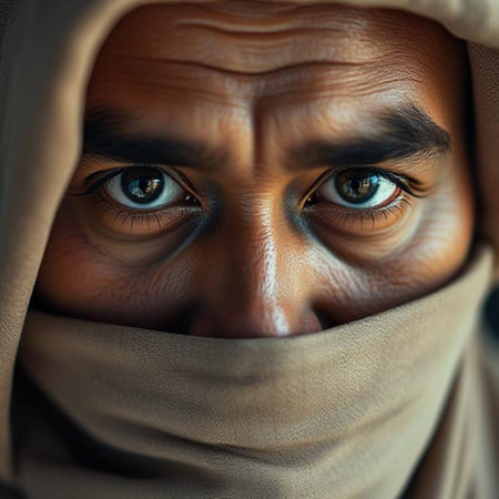Close-up portrait of a young man in a burqa.の素材