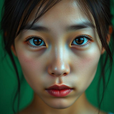 Portrait of a beautiful Asian girl with green eyes and red lipsの素材