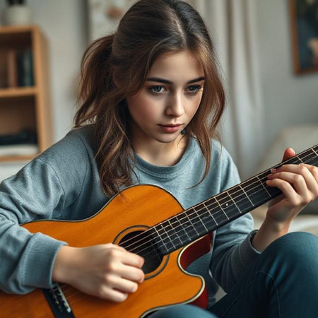 Portrait of a beautiful young girl playing the guitar at home.の素材