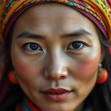 Portrait of a beautiful Asian woman with colorful headscarfの素材