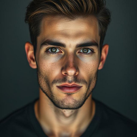 Close-up portrait of a handsome young man in a black t-shirt.の素材