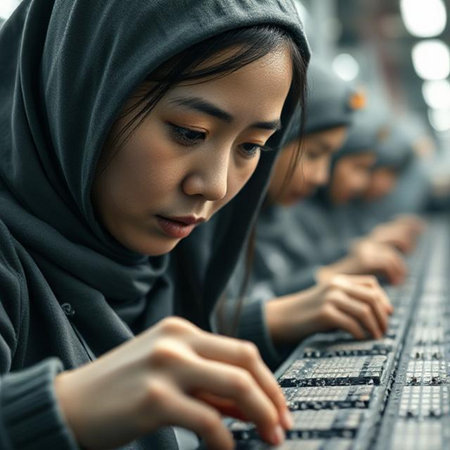 Young Asian Muslim woman in hijab working on computer in factory.の素材