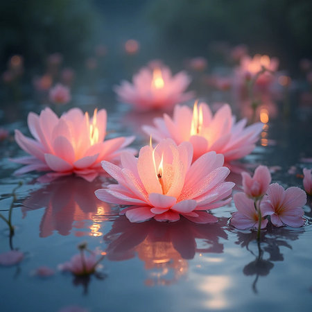Beautiful pink lotus floating on the water with candle light.の素材