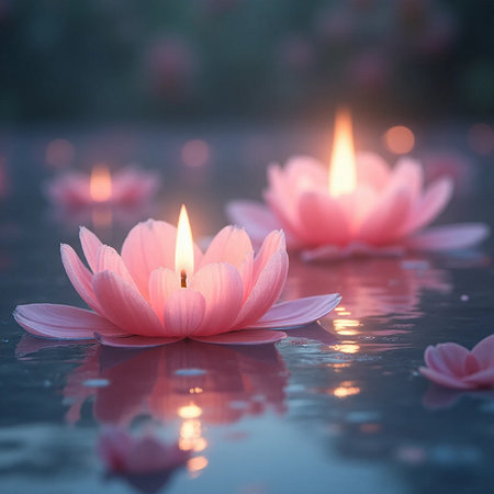Beautiful pink lotus flower with candle light on the water.の素材