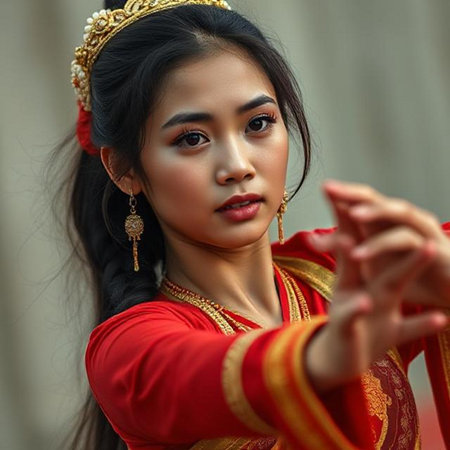 Beautiful young Asian woman wearing traditional costume in Bangkok, Thailandの素材