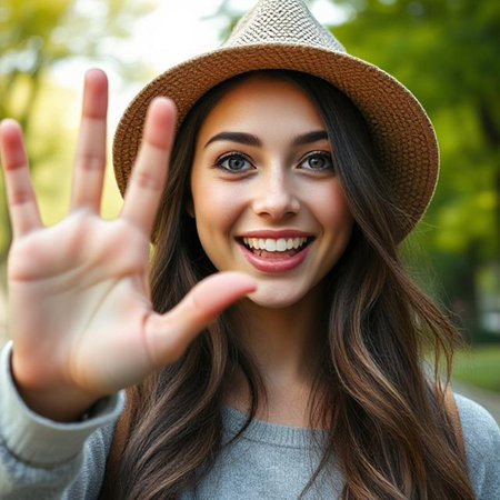 Close up portrait of a beautiful young brunette woman showing ok signの素材