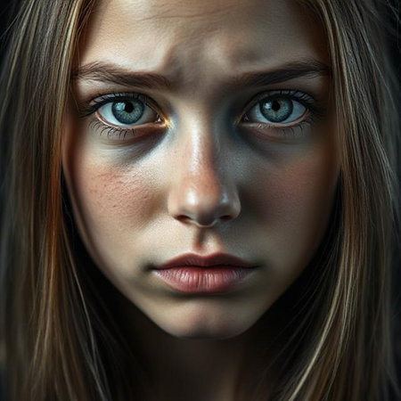 Close-up portrait of a beautiful girl with blue eyes and blond hairの素材