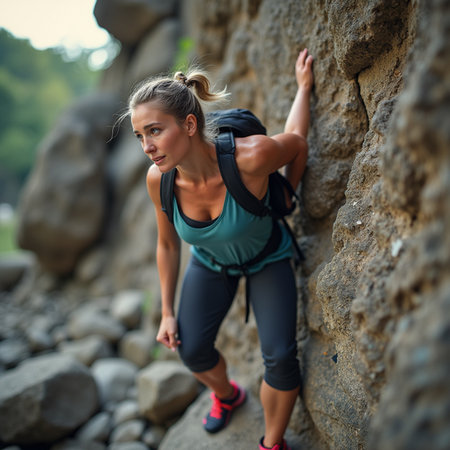 young woman climbing on a rocky wall. Female athlete climbing on a rock.の素材