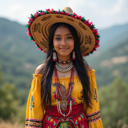 Portrait of a beautiful young woman wearing a traditional dress and sombreroの素材