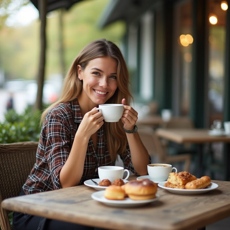 Beautiful young woman drinking coffee and eating donuts in a cafeの素材
