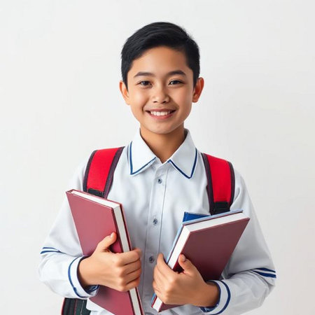 Portrait of a smiling Asian schoolboy holding books on white backgroundの素材