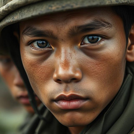 Portrait of a boy in a military uniform. Selective focus.の素材