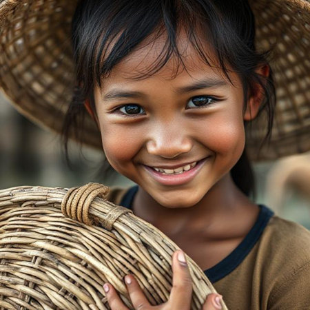 Portrait of a smiling Asian little girl carrying a wicker basketの素材
