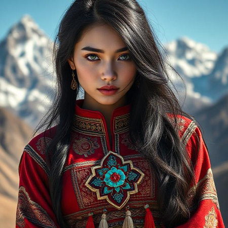 Beautiful asian woman in Indian costume on the background of mountainsの素材