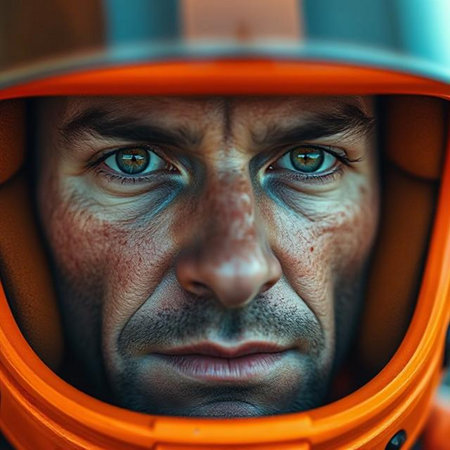 Close-up portrait of a man in an orange helmet. Extreme sport.の素材
