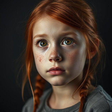 Portrait of a red-haired girl with freckles on her faceの素材