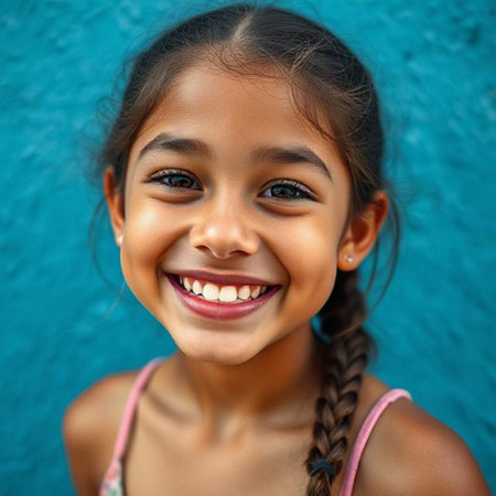 Portrait of a cute little girl smiling against a blue wall.の素材