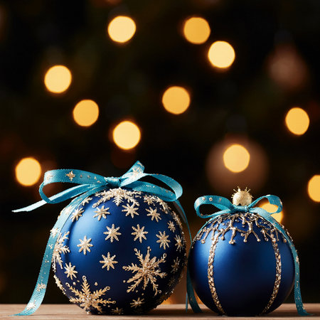 Blue christmas balls with blue ribbon on bokeh lights backgroundの素材