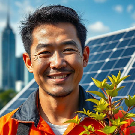 Portrait of a smiling Asian man with solar panels in the backgroundの素材