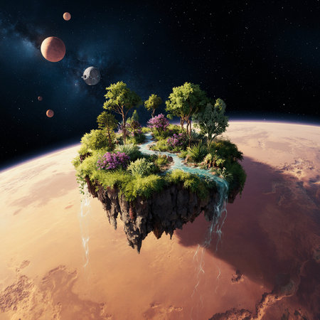 Fantasy planet with trees and bushes floating in the space. 3D renderingの素材