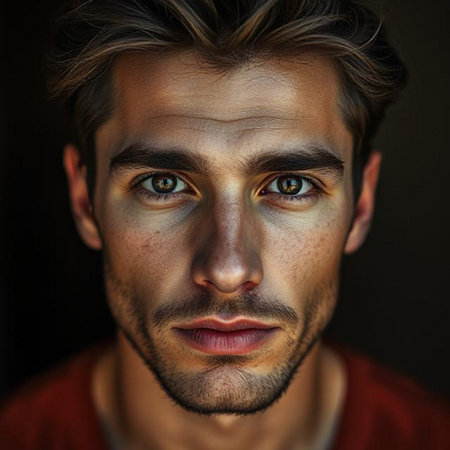 Close-up portrait of a handsome young man looking at the camera.の素材