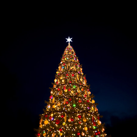 christmas tree at night with star and bokeh effect.の素材