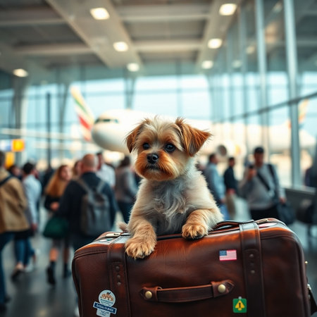 Cute Yorkshire Terrier puppy sitting on a suitcase at the airportの素材