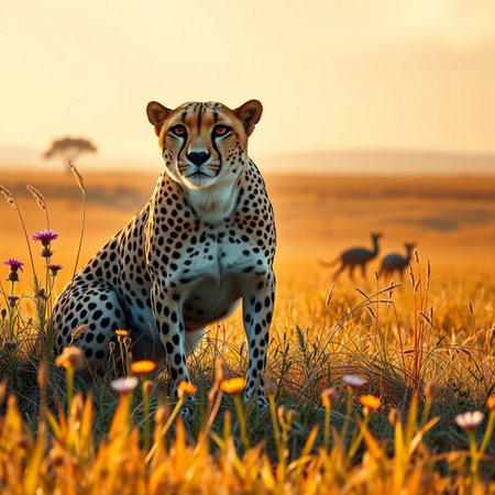 Cheetah sits in grass in Serengeti National Park, Tanzaniaの素材