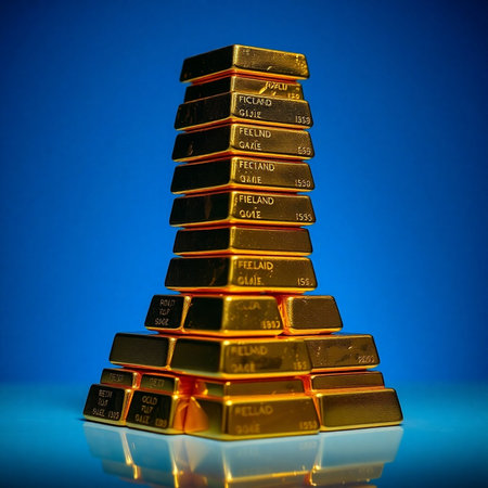 Gold bullion in the form of a pyramid on a blue backgroundの素材