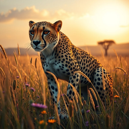 Cheetah sitting in the grass at sunset in Serengeti National Park, Tanzaniaの素材