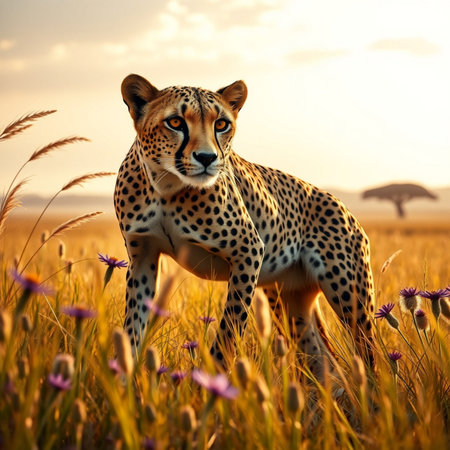 Cheetah in the grassland at sunset. Kenya, Africaの素材