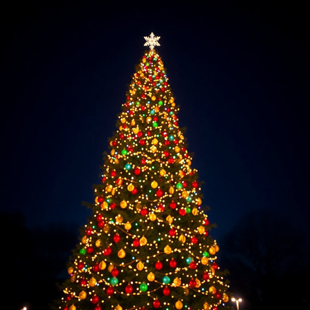 Beautiful Christmas tree in the city at night. Holiday background.の素材