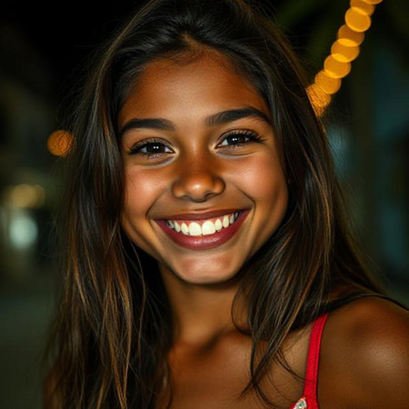 Portrait of a beautiful young woman smiling and looking at camera.の素材