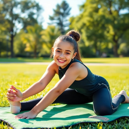 Young sporty girl doing stretching exercises on green grass in park.の素材