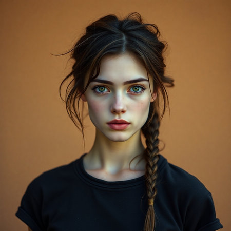 Portrait of a beautiful young girl with long braids on a brown backgroundの素材