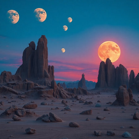 Fantasy landscape with full moon over rock formations in the desert.の素材