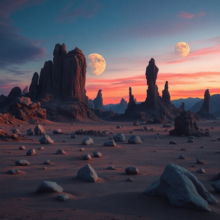 Fantasy landscape with desert and full moon. 3D illustration.の素材