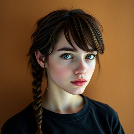 Portrait of a young beautiful girl with braids on a brown backgroundの素材