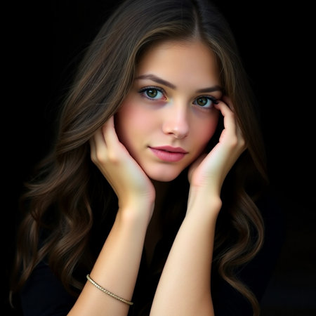 Portrait of a beautiful girl with long hair on a black backgroundの素材