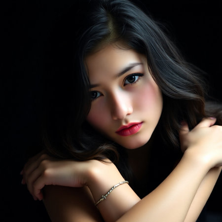 Portrait of beautiful Asian woman on black background, model is Thai Ethnicity.の素材