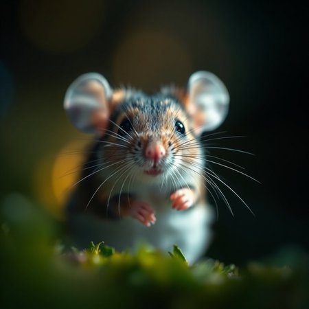 Cute little mouse on green grass. Close-up portrait.の素材