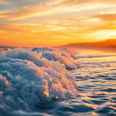Beautiful sunset on the sea. Sea wave with foam and splashesの素材