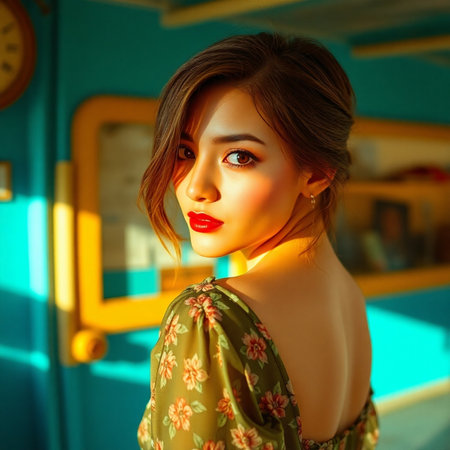 Fashion portrait of young beautiful woman with red lips and bright make-upの素材